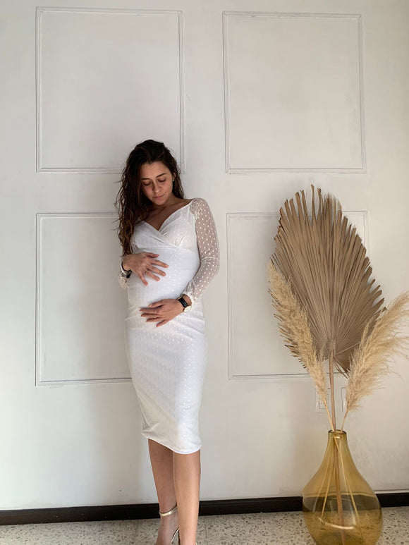 Vestido de maternidad RittaYuridia, blanco bolitas