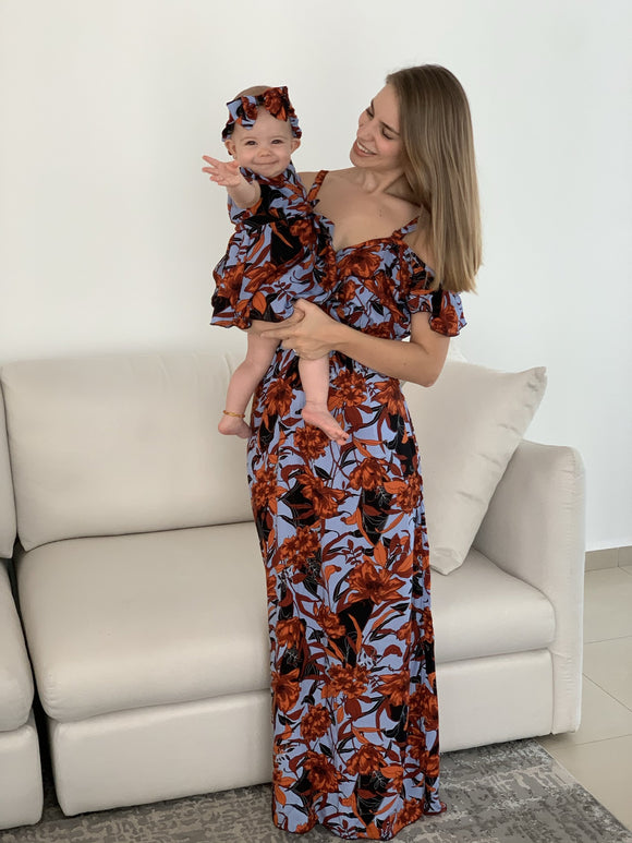 Vestidos matching azul flores naranjas
