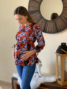 Blusa de maternidad, Anna azul flores naranjas
