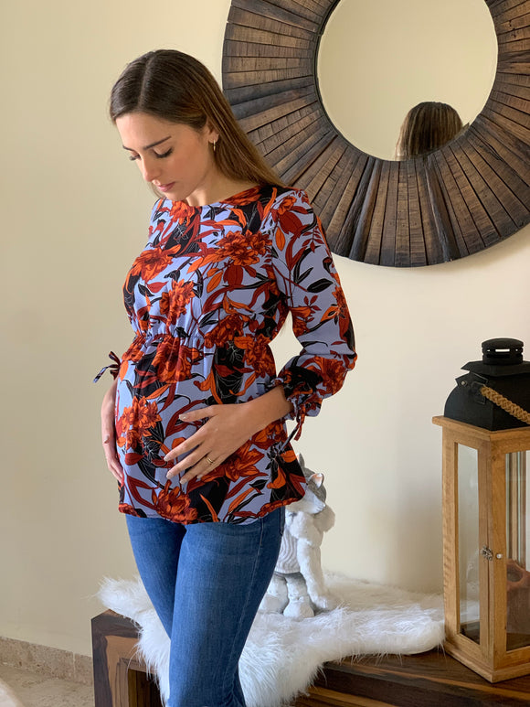 Blusa de maternidad, Anna azul flores naranjas