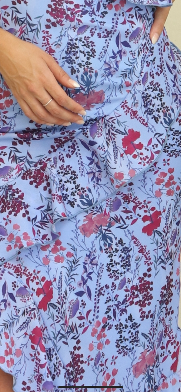 Tela azul flores rosas Polyester