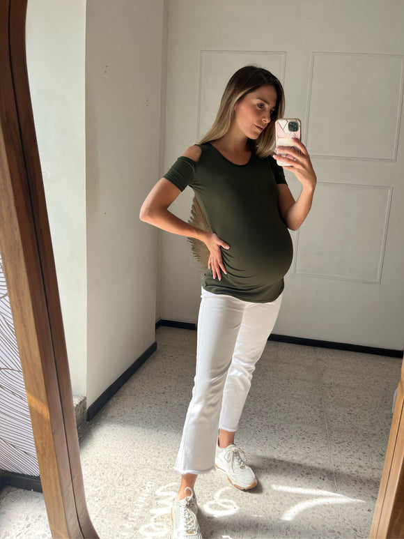 Blusa de maternidad verde militar, algodón hombros