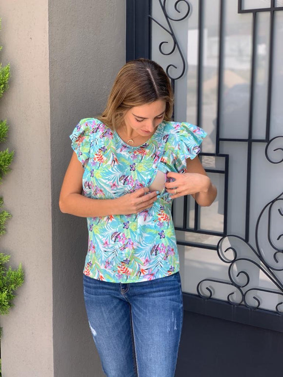 Blusa de lactancia, Andy azul flores aqua