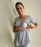 Pijama de lactancia y maternidad, gris rayas