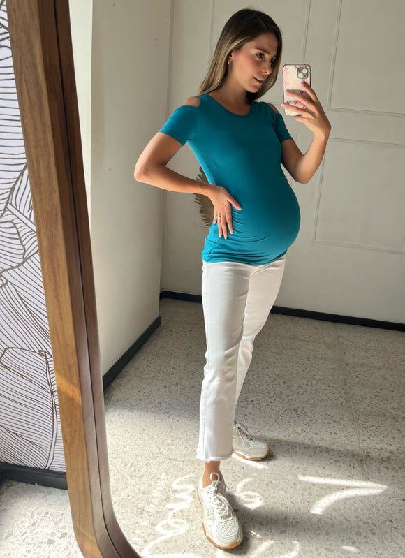 Blusa de maternidad azul, algodón hombros