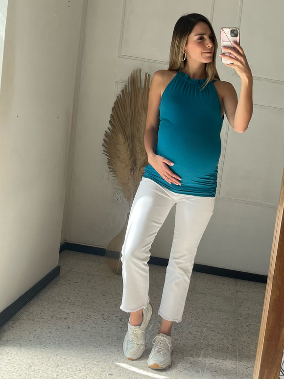 Blusa halter algodón doble vista azul