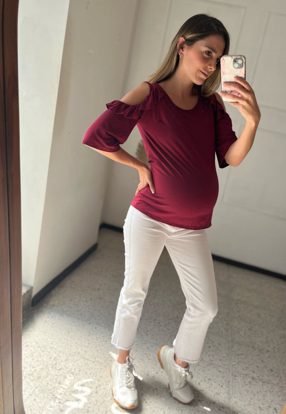 Blusa de maternidad sin hombros, color vino