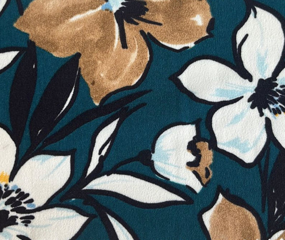 Tela Polyester verde flores mostaza
