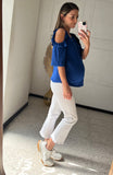 Blusa de maternidad sin hombros, color azul